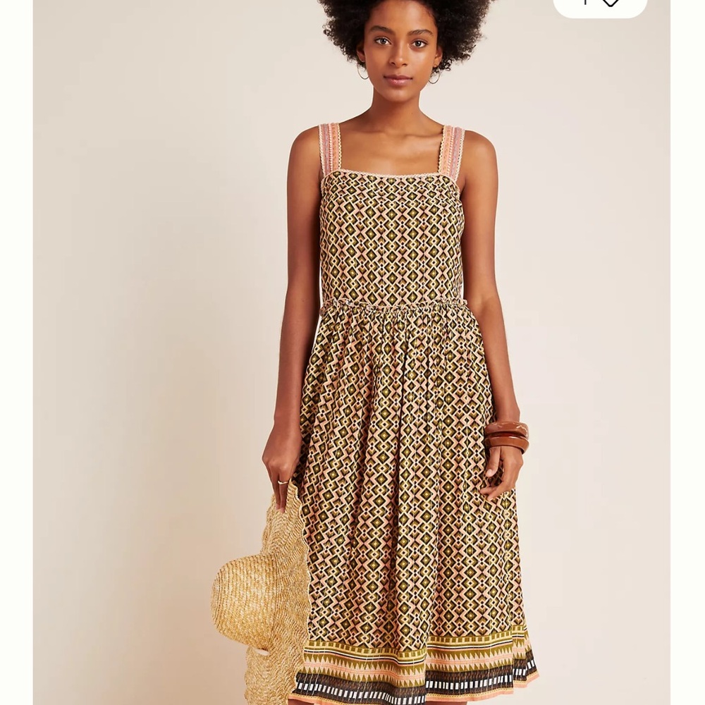 Anthropologie brand-Conditions Apply- geometric patterned dress, gold thread - L